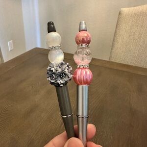 Pink Sparkly Water Bead Pen and Gray/White Sparkly Flower Bead Handmade Pens x 2